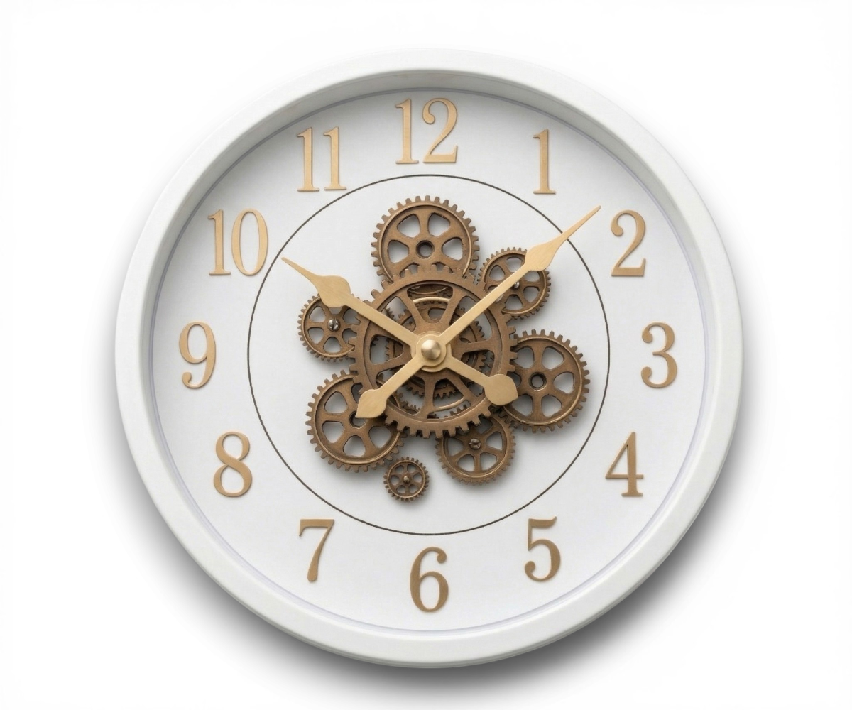 Premium oval dial clock in white with exposed bronze gears and gold numerals