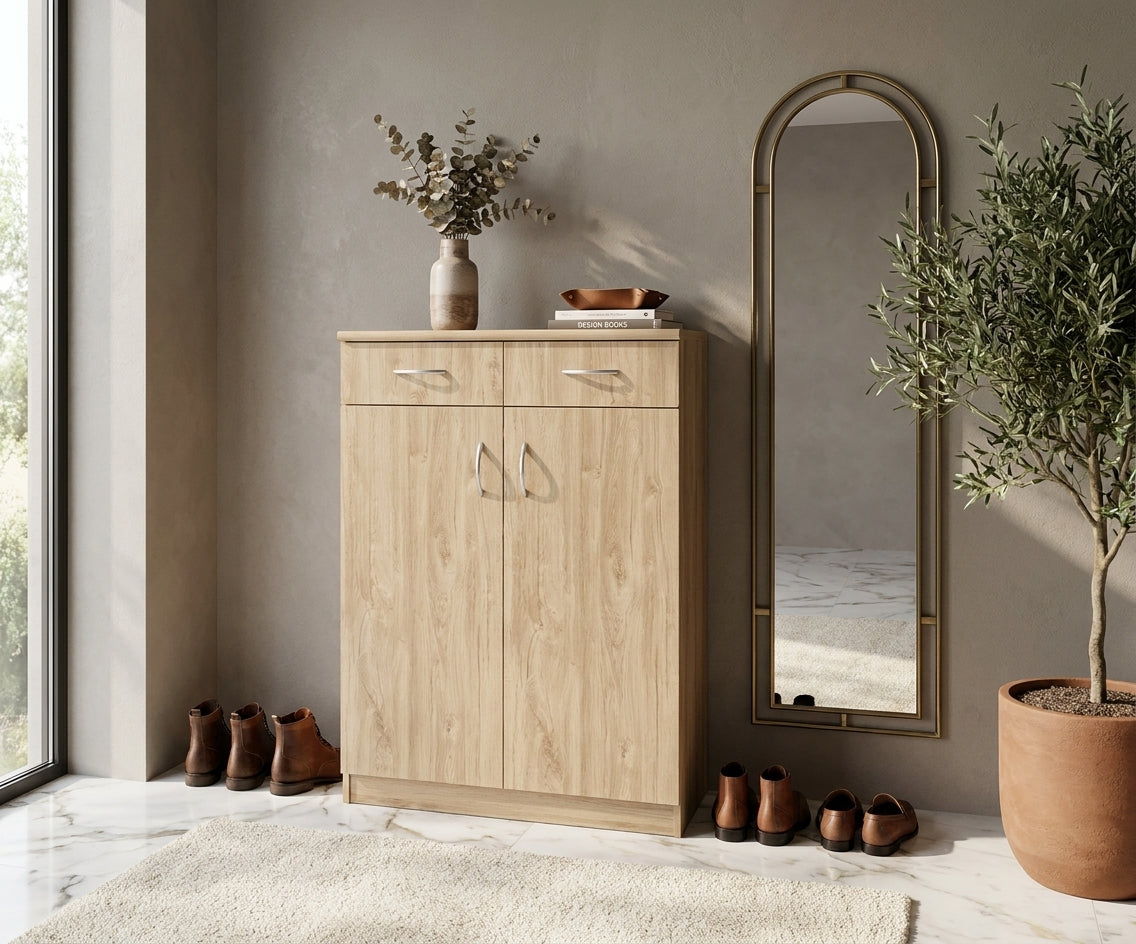 Premium wooden shoe rack in an oak hallway with a mirror and boots