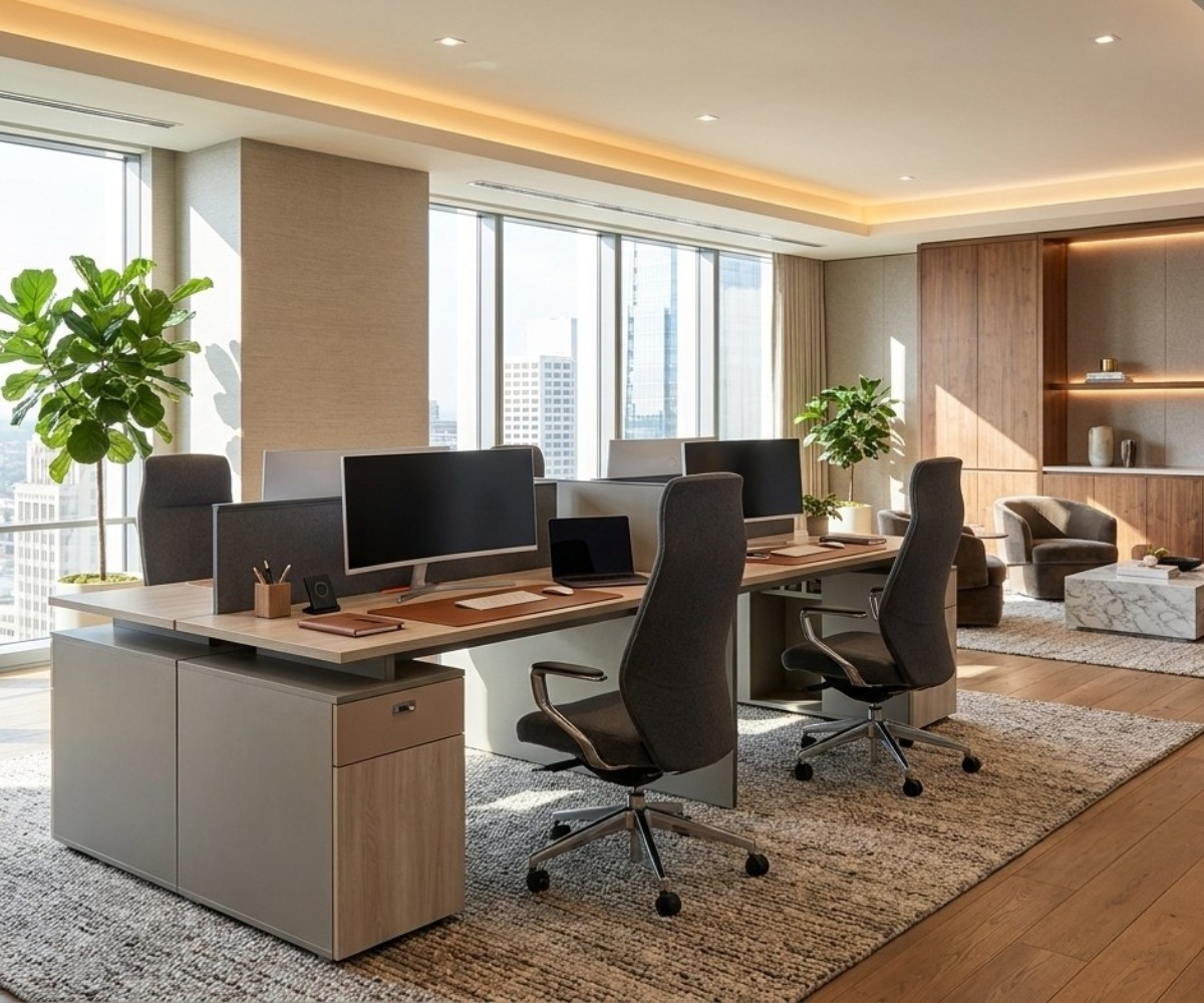 Pro workstation 4-seater with screens in a bright open-plan office