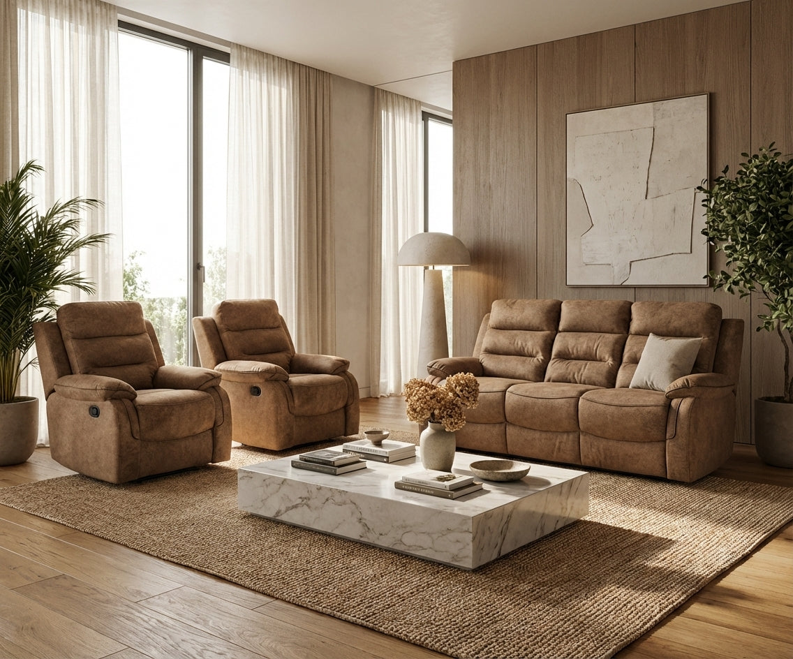 PSEL003A+1RA+1RA Eliza recliner set in a warm wood-panelled living room