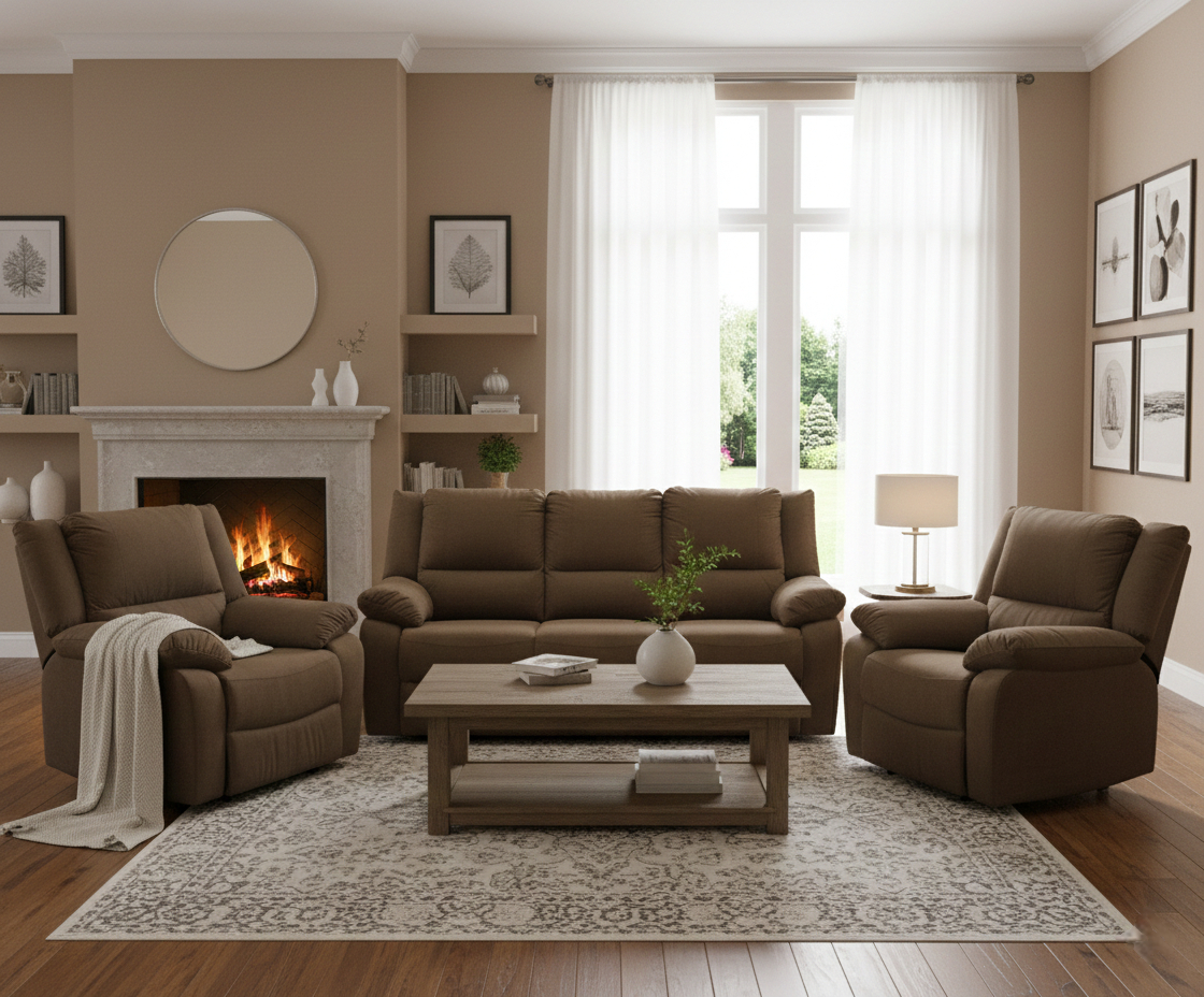 PSVE1RA brown recliner sofa set beside a fireplace in a bright living room