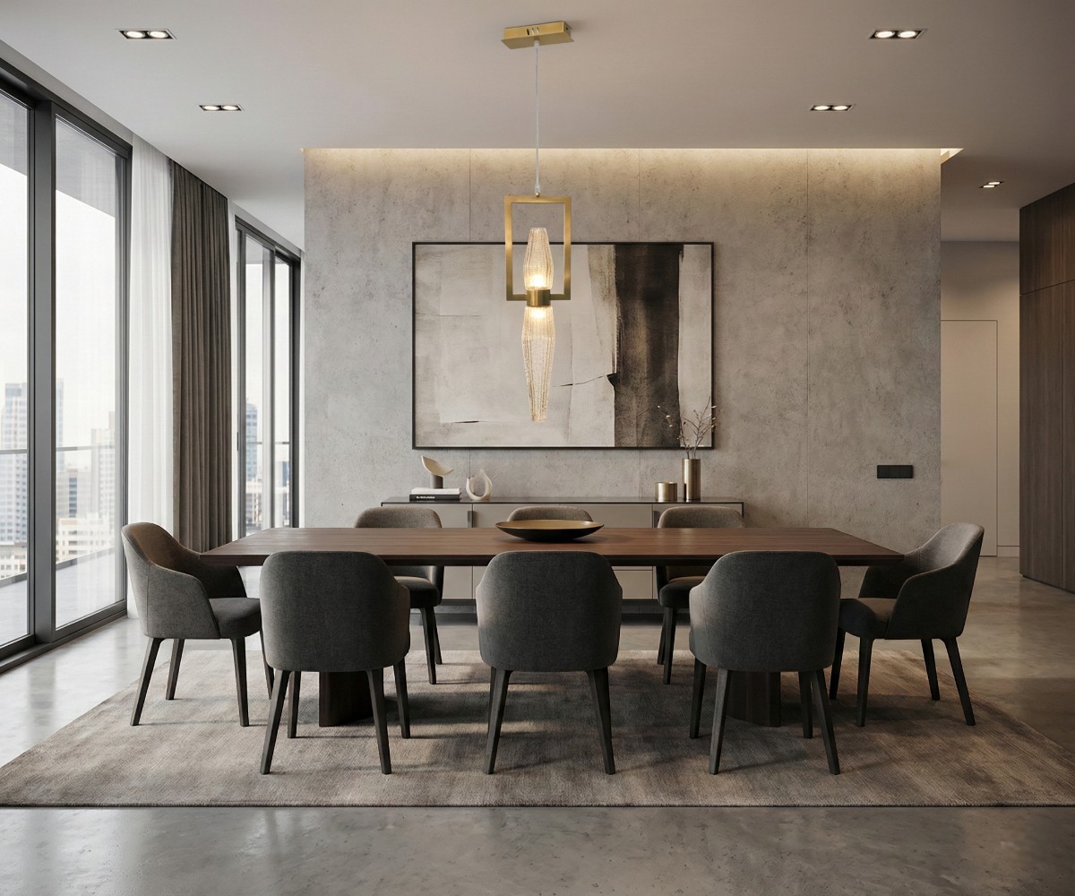 Qatar LED framed pendant light above a long dining table in a city-view room