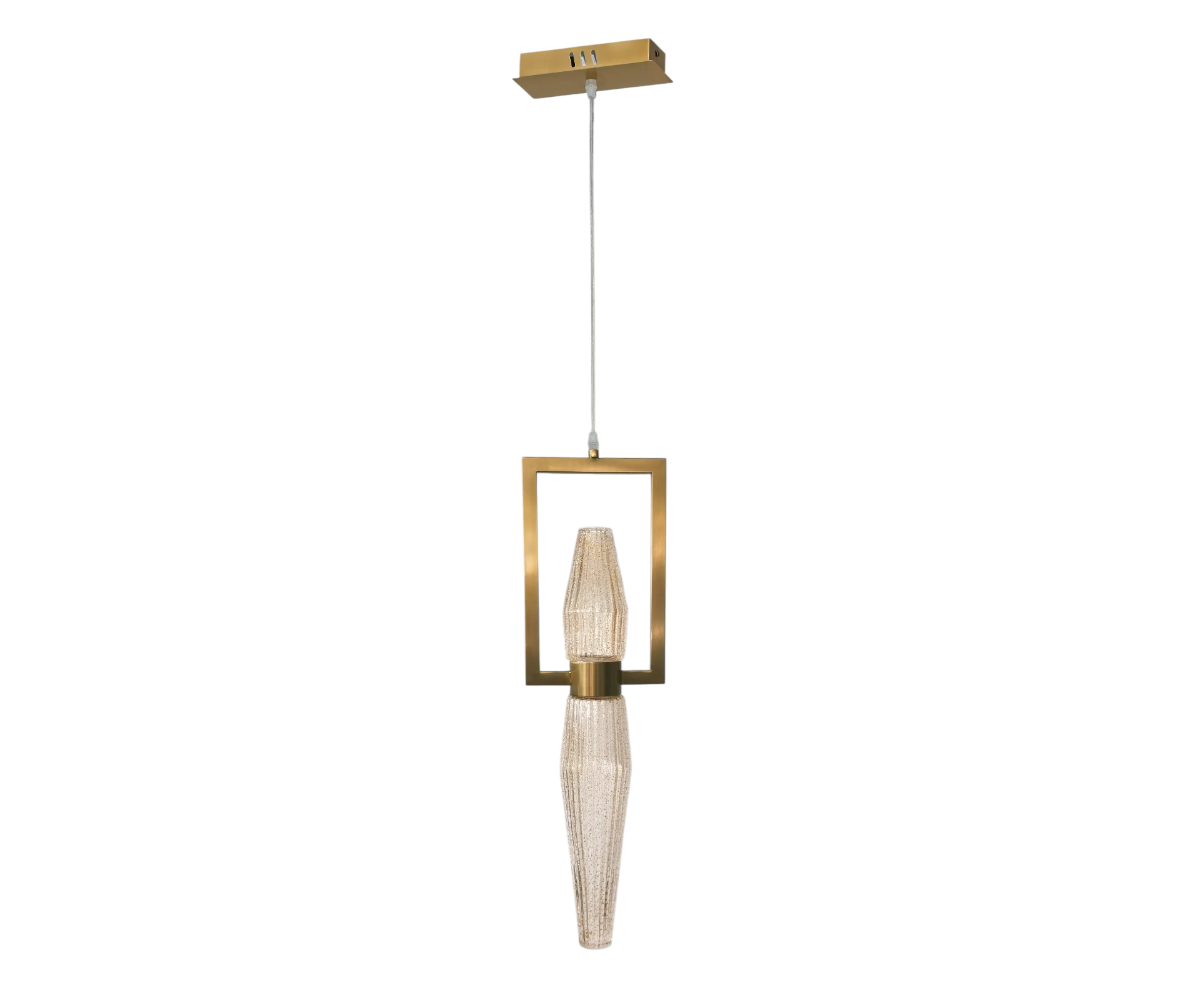 Qatar LED framed pendant light above a long dining table in a city-view room