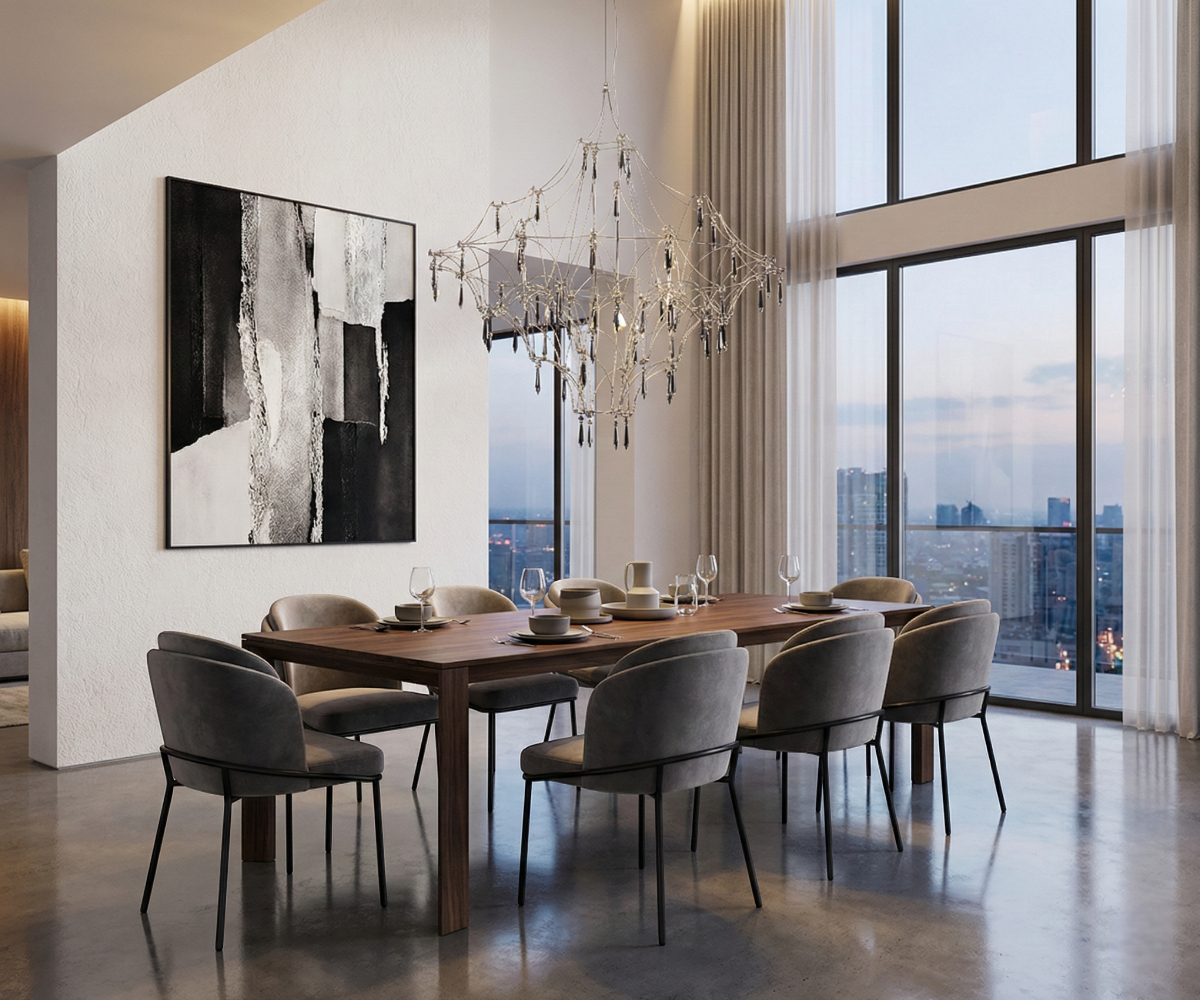 Qatar LED branch pendant light above a walnut dining table by tall windows