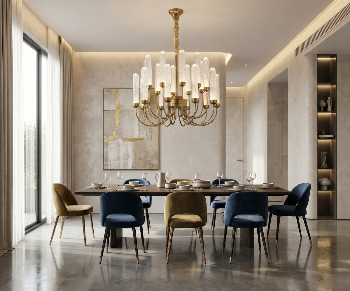 Qatar LED candelabra fixture 5058 above a dining table in a bright room