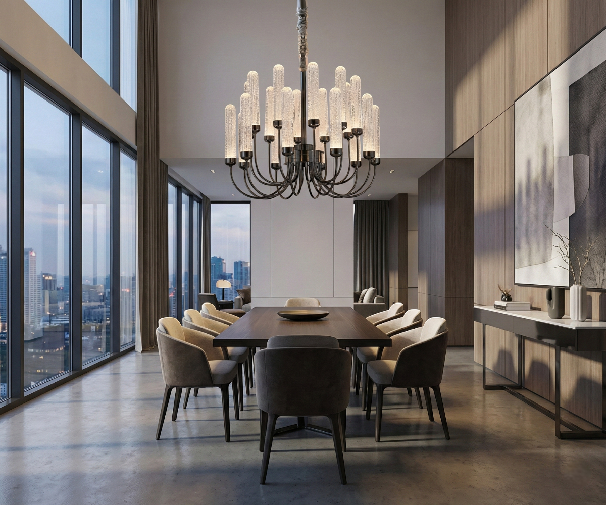 Qatar LED Candle Crown chandelier over a dining table in a city-view room