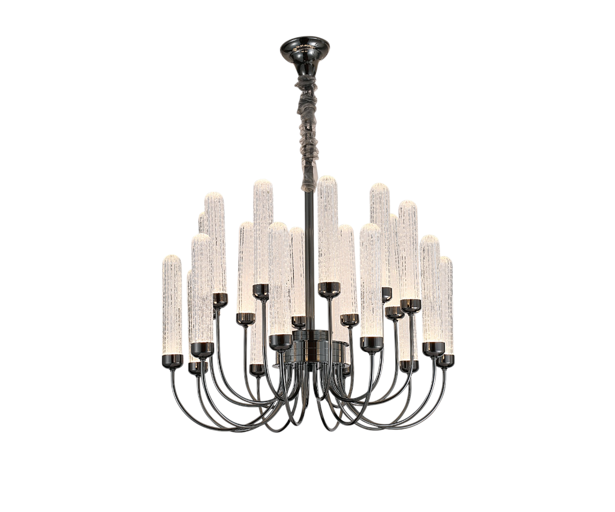 Qatar LED Candle Crown chandelier over a dining table in a city-view room