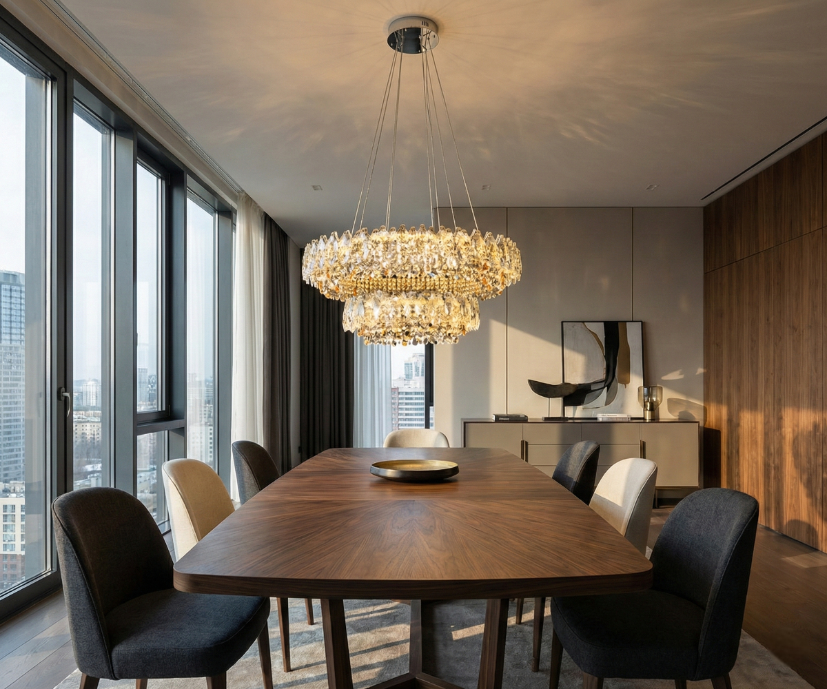 Qatar LED Crystal Cascade chandelier above a walnut table by tall windows