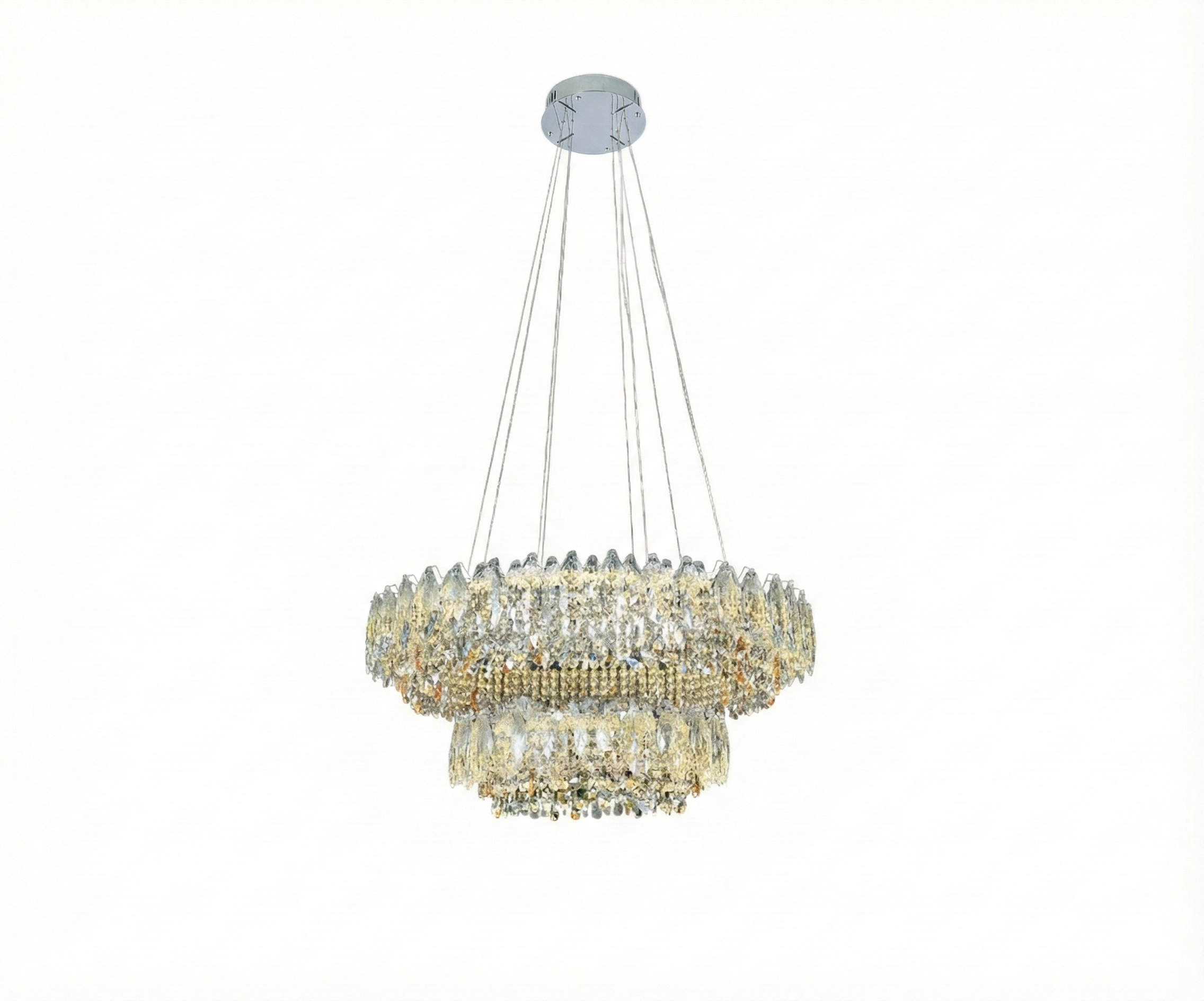 Qatar LED Crystal Cascade chandelier above a walnut table by tall windows