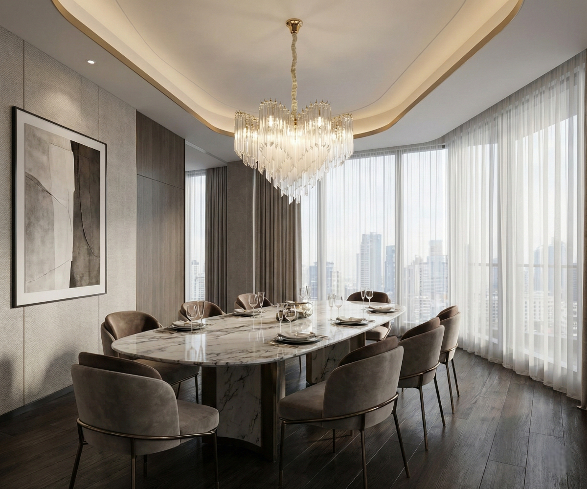 Qatar LED Crystal Drip pendant above a round table in a curtained dining room