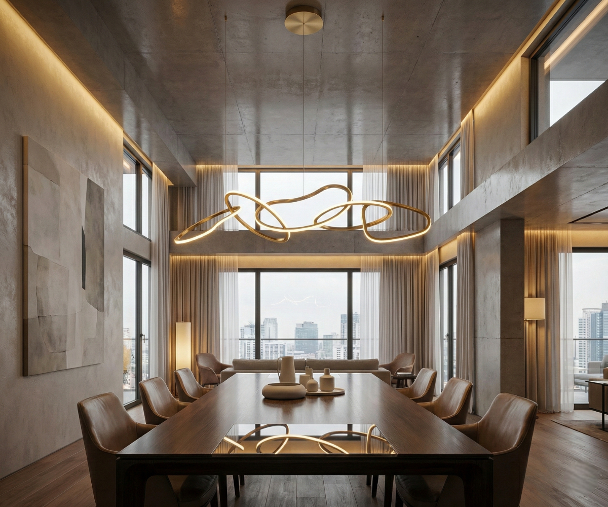 Qatar LED elegant sculptural light above a long table in a stone-clad room