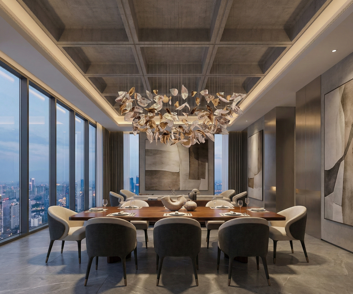 Qatar LED Golden Leaves pendant above a dining table in a coffered-ceiling room