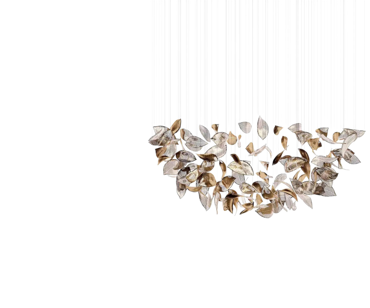 Qatar LED Golden Leaves pendant above a dining table in a coffered-ceiling room