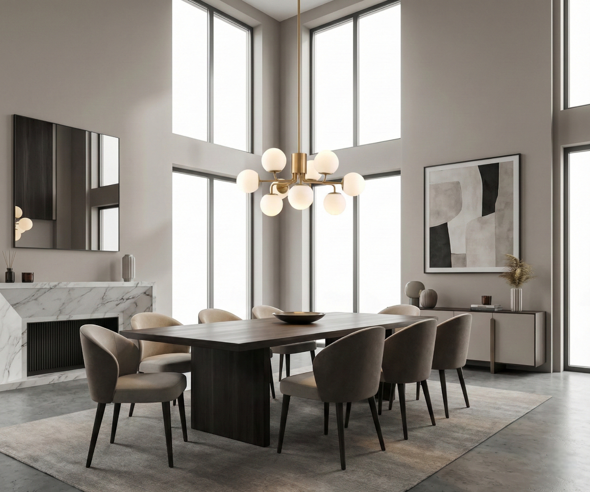 Qatar LED Radiant Constellation light above a table beside a marble fireplace