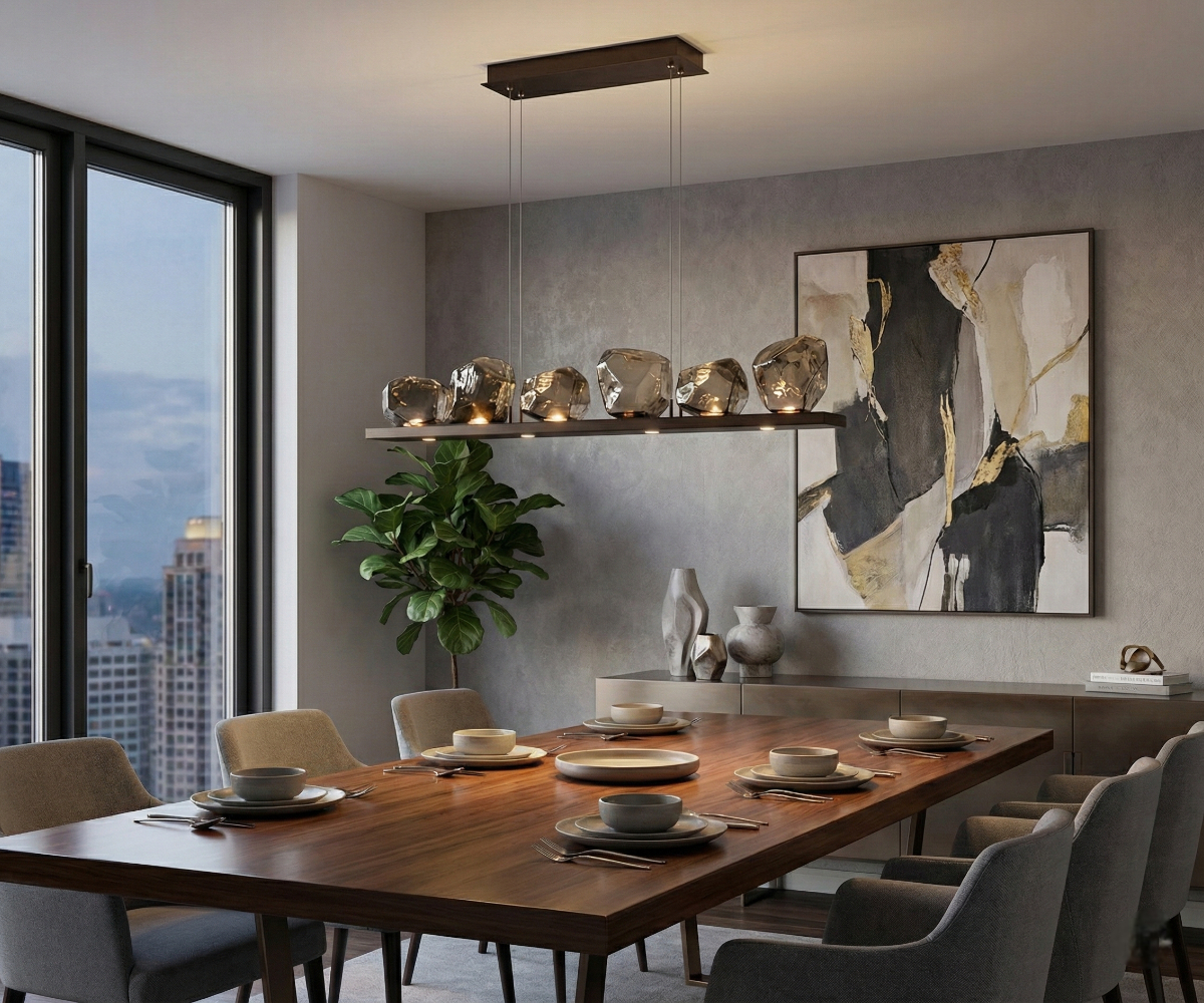 Qatar LED Smoky Stones ambient light above a walnut table in a city-view room