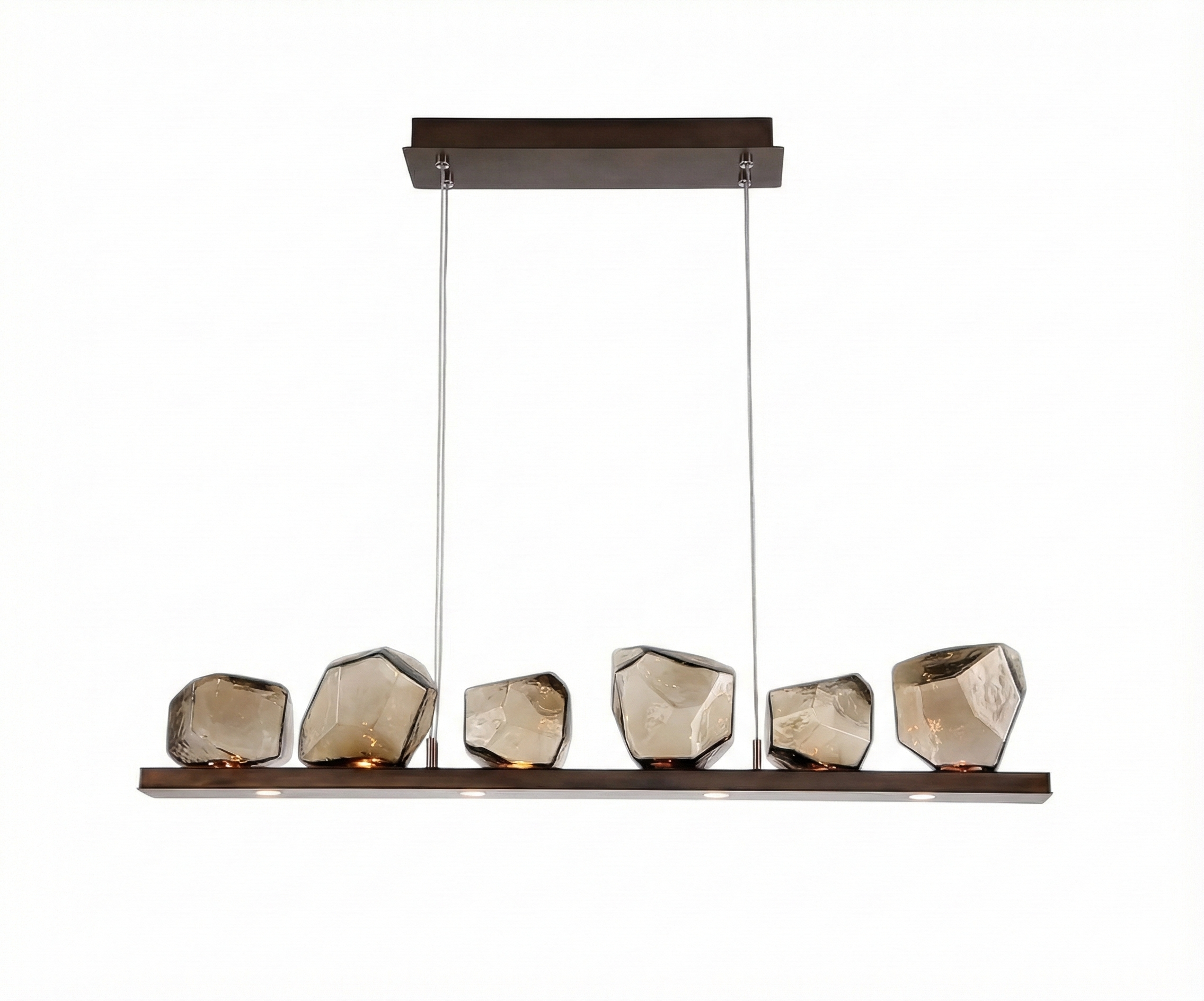Qatar LED Smoky Stones ambient light above a walnut table in a city-view room