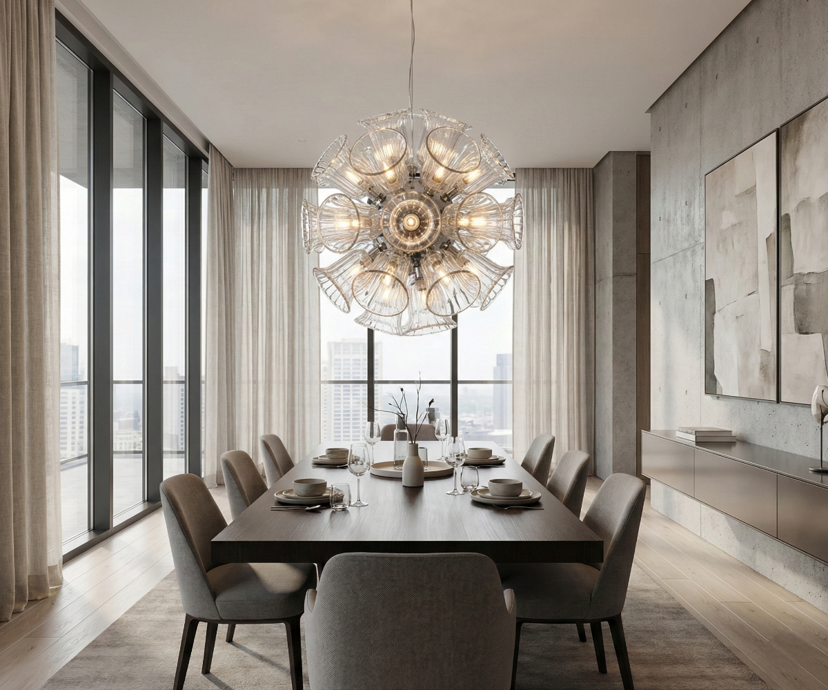 Qatar LED Sputnik light above a dining table in a city-view apartment