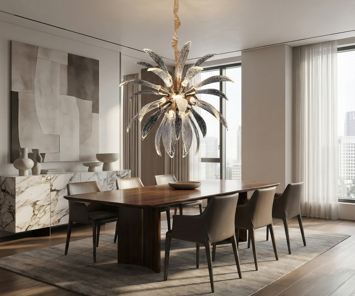 Qatar LED Tropical Burst lamp above a walnut dining table in a bright room