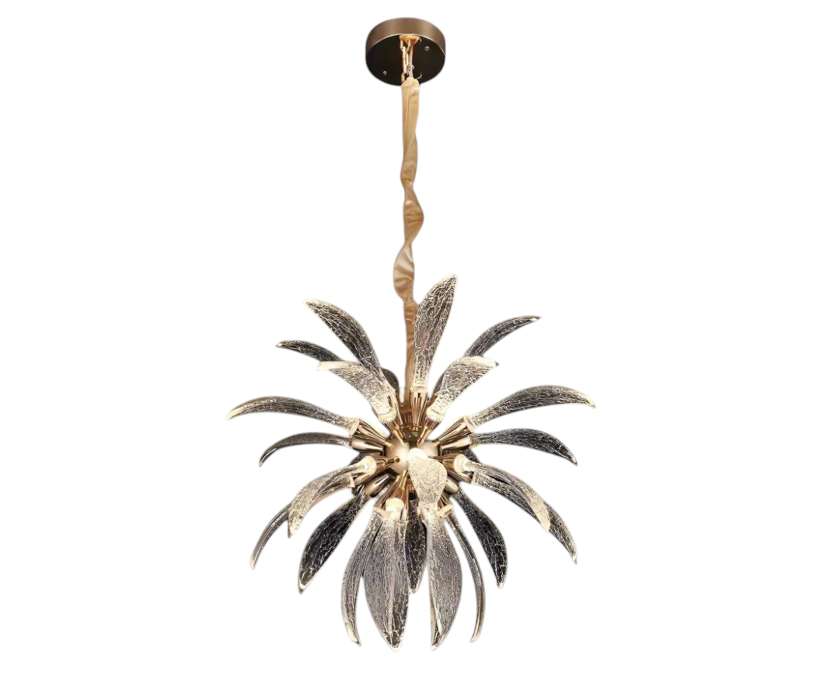 Qatar LED Tropical Burst lamp above a walnut dining table in a bright room