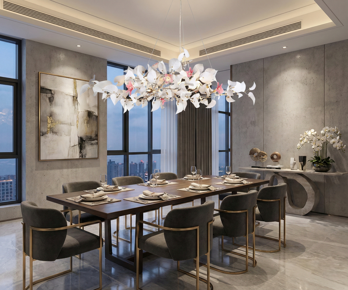 Qatar LED White Orchid lamp above a dining table in a city-view room