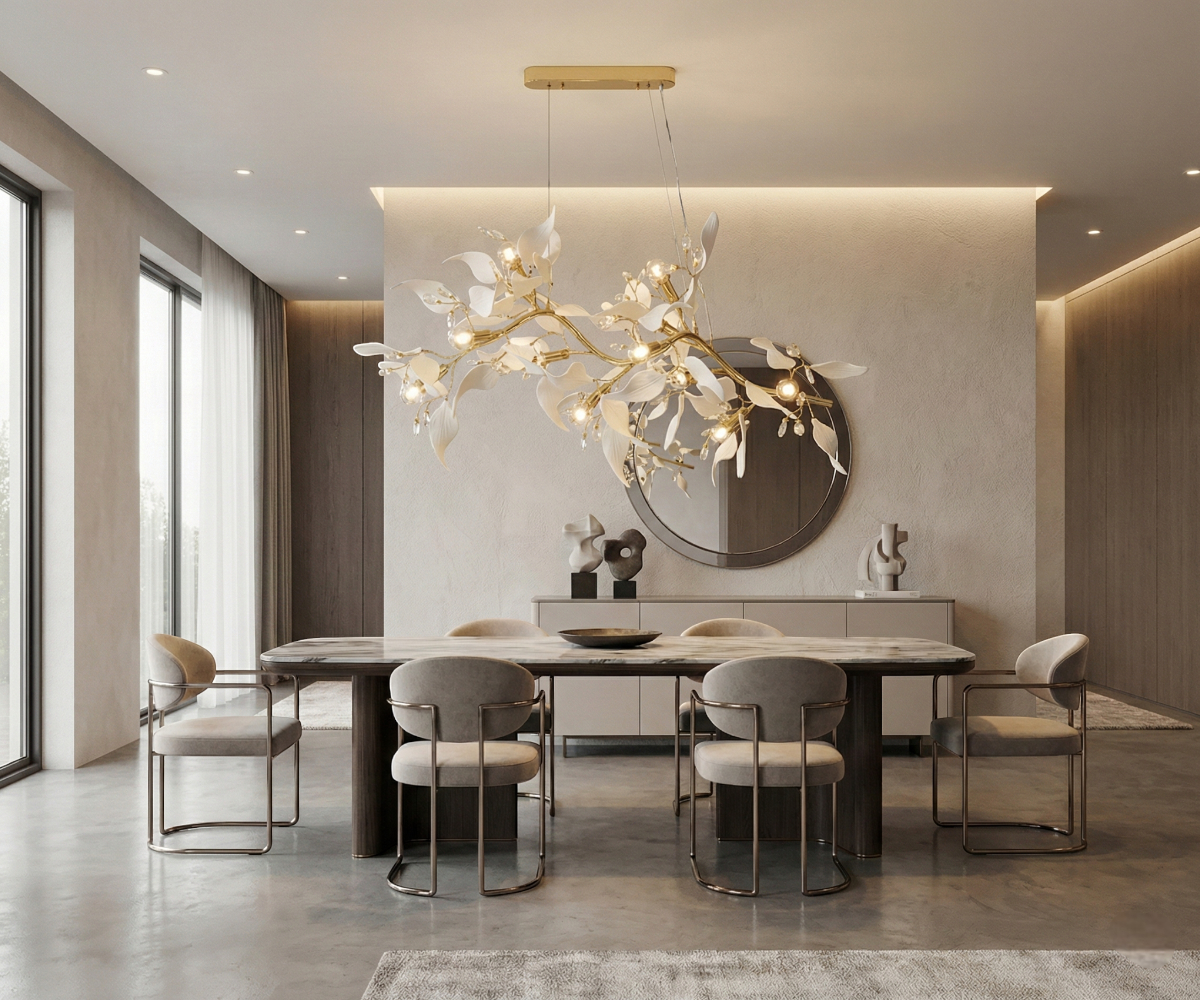 Qatar Lighting Butterfly chandelier above a dining table beside a round mirror