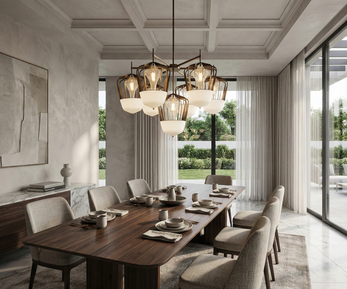 Qatar Lighting cluster chandelier 3000K above a walnut dining table