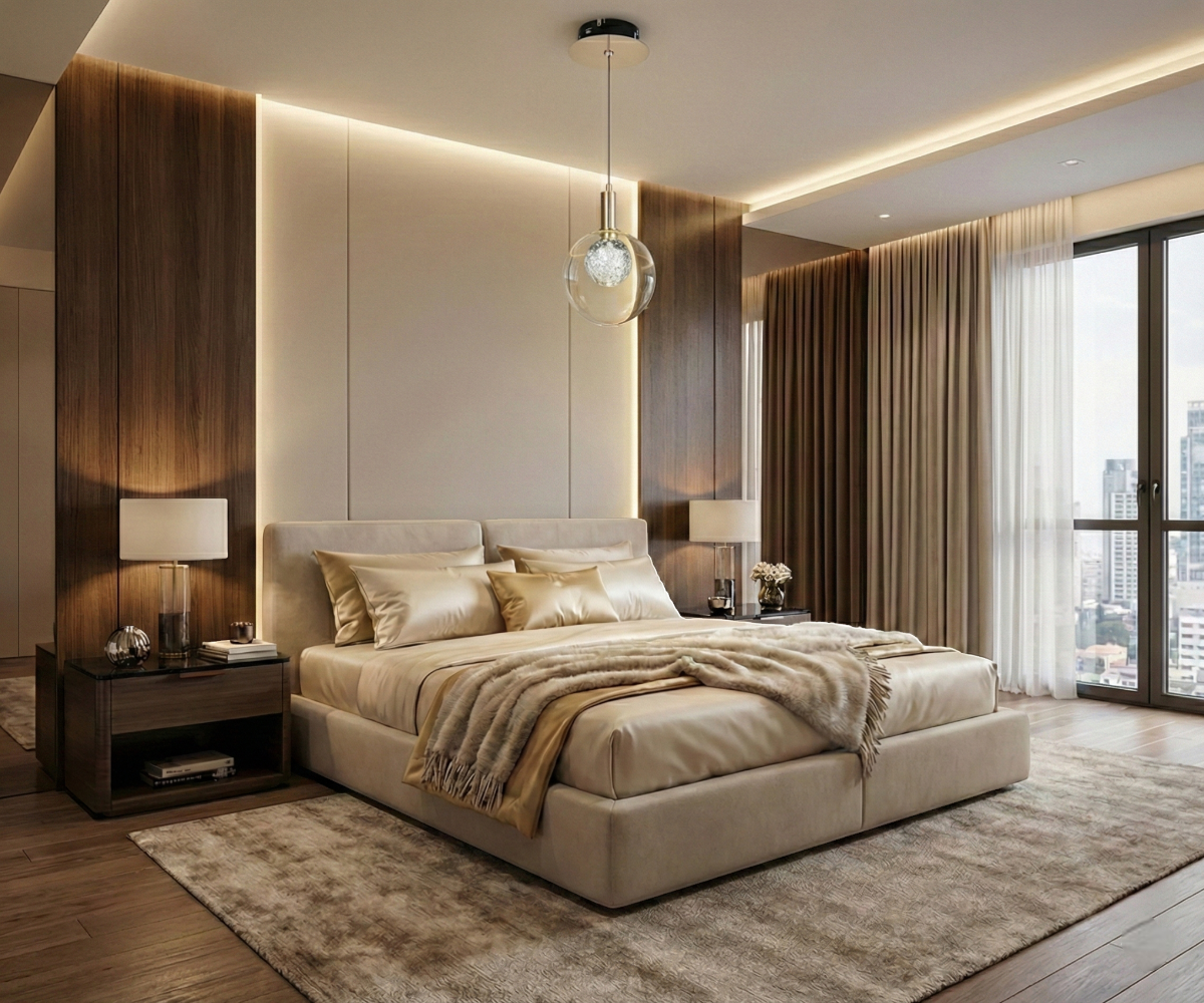 Qatar Lighting Dewdrop pendant light beside a bed in a warm-lit bedroom