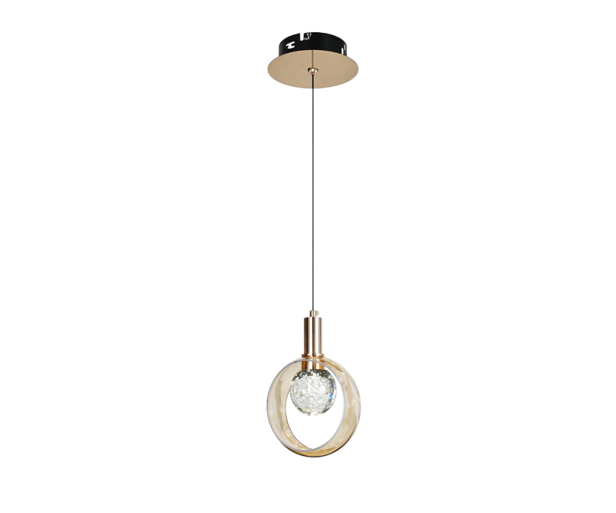 Qatar Lighting Dewdrop pendant light beside a bed in a warm-lit bedroom