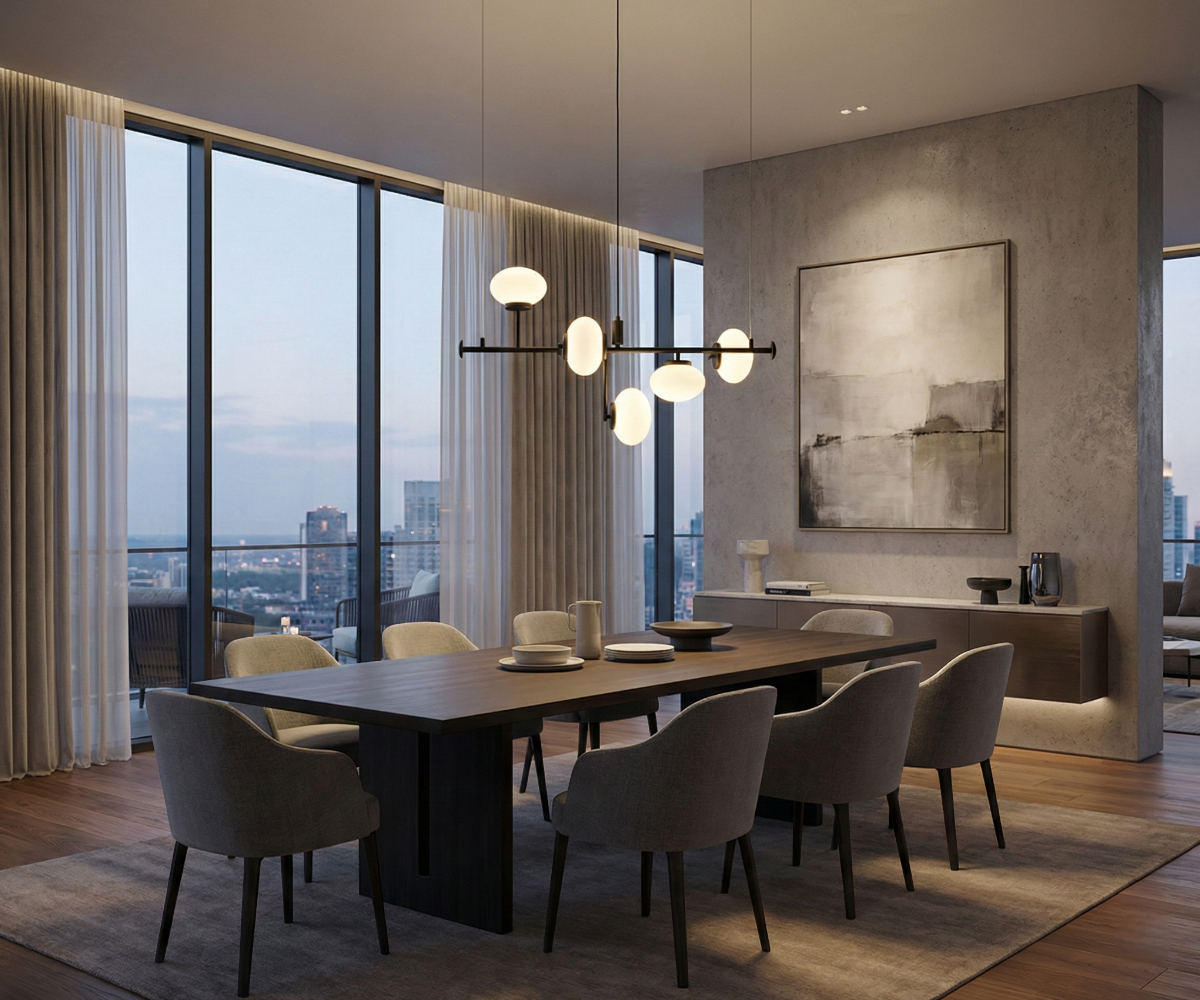 Qatar Lighting globe fixture above a dark dining table in a city-view room
