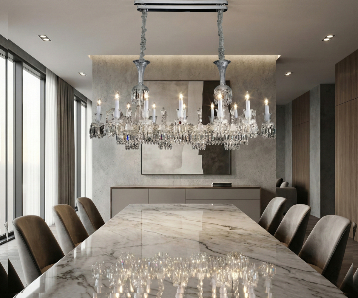 Qatar Lighting Imperial Grandeur chandelier above a marble boardroom table