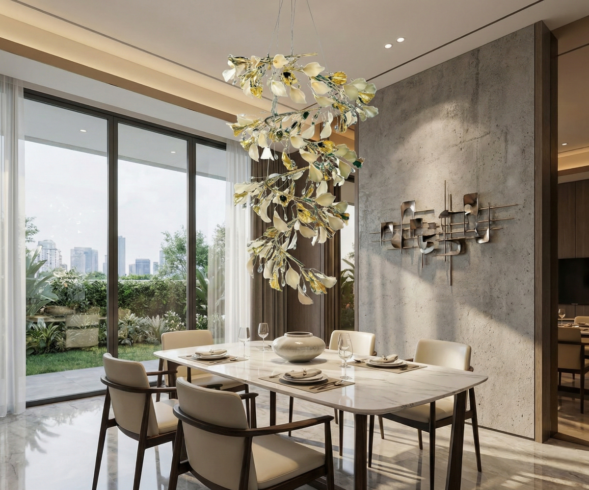 Qatar Lighting Leaf chandelier above a dining table in a garden-view room