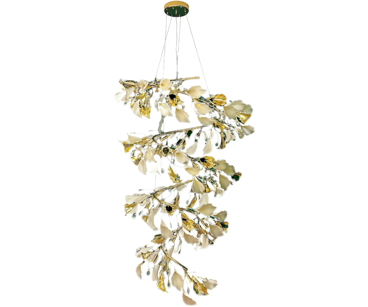 Qatar Lighting Leaf chandelier above a dining table in a garden-view room