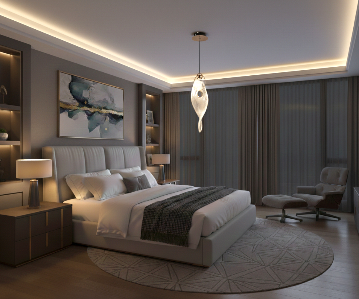 Qatar Lighting Liquid Ember lamp above a bed in a warm-lit bedroom