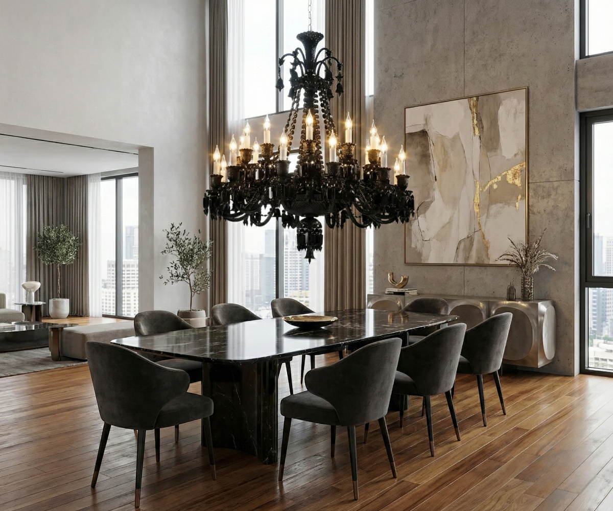 Qatar Lighting Radiant Black chandelier above a dark dining table