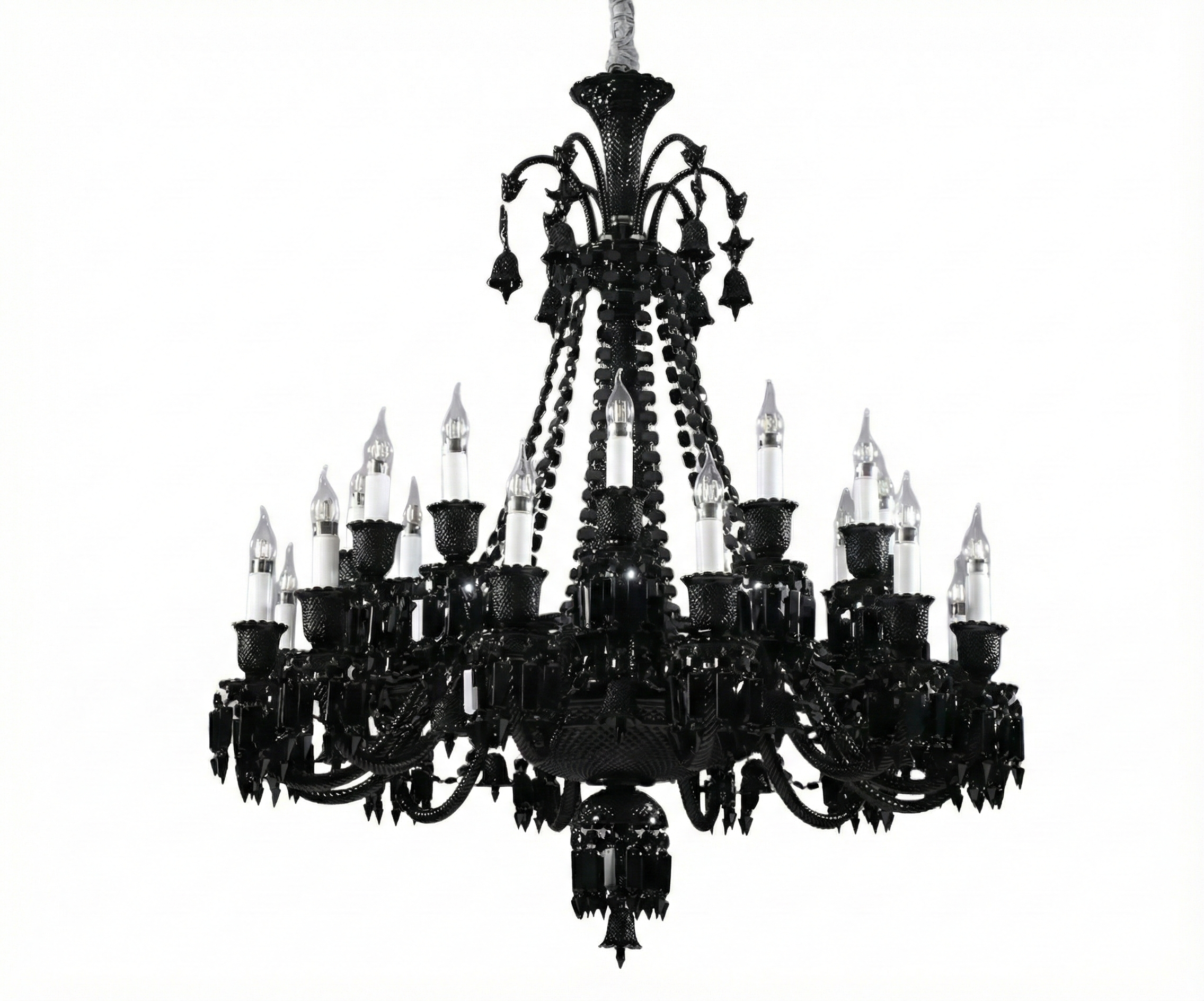 Qatar Lighting Radiant Black chandelier above a dark dining table