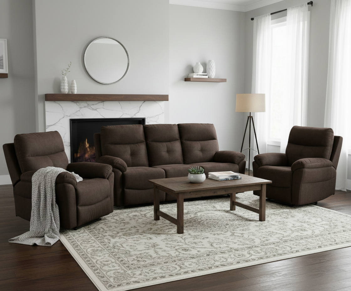 RAIDEN manual recliner set beside a fireplace in a bright living room