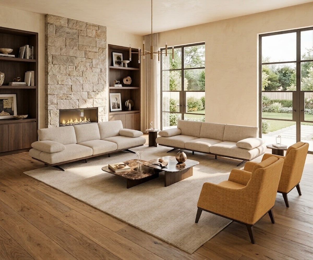 Rapid cream fabric sofa set in a bright room with a stone fireplace