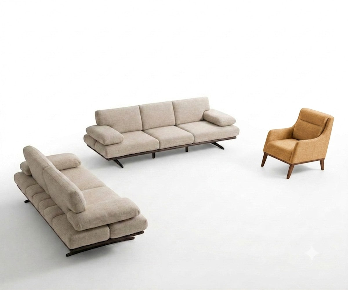 Rapid cream fabric sofa set in a bright room with a stone fireplace