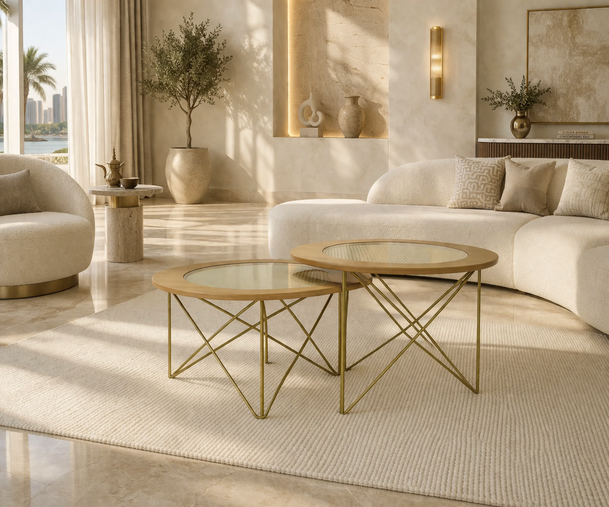 Rattan Orta oak nesting set in a warm-lit marble living room