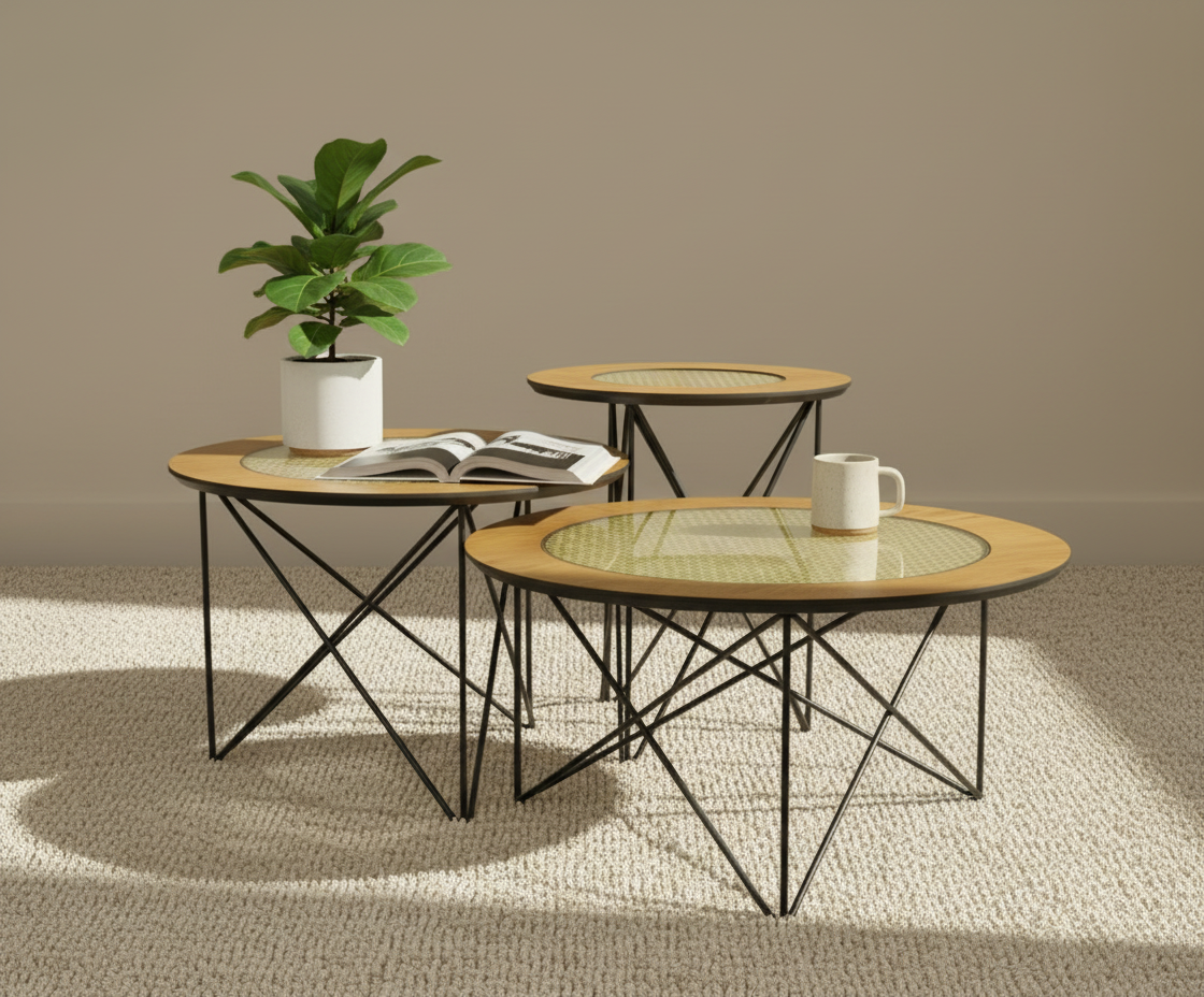 Rattan Orta oak nesting trio in a warm-lit room with a potted plant