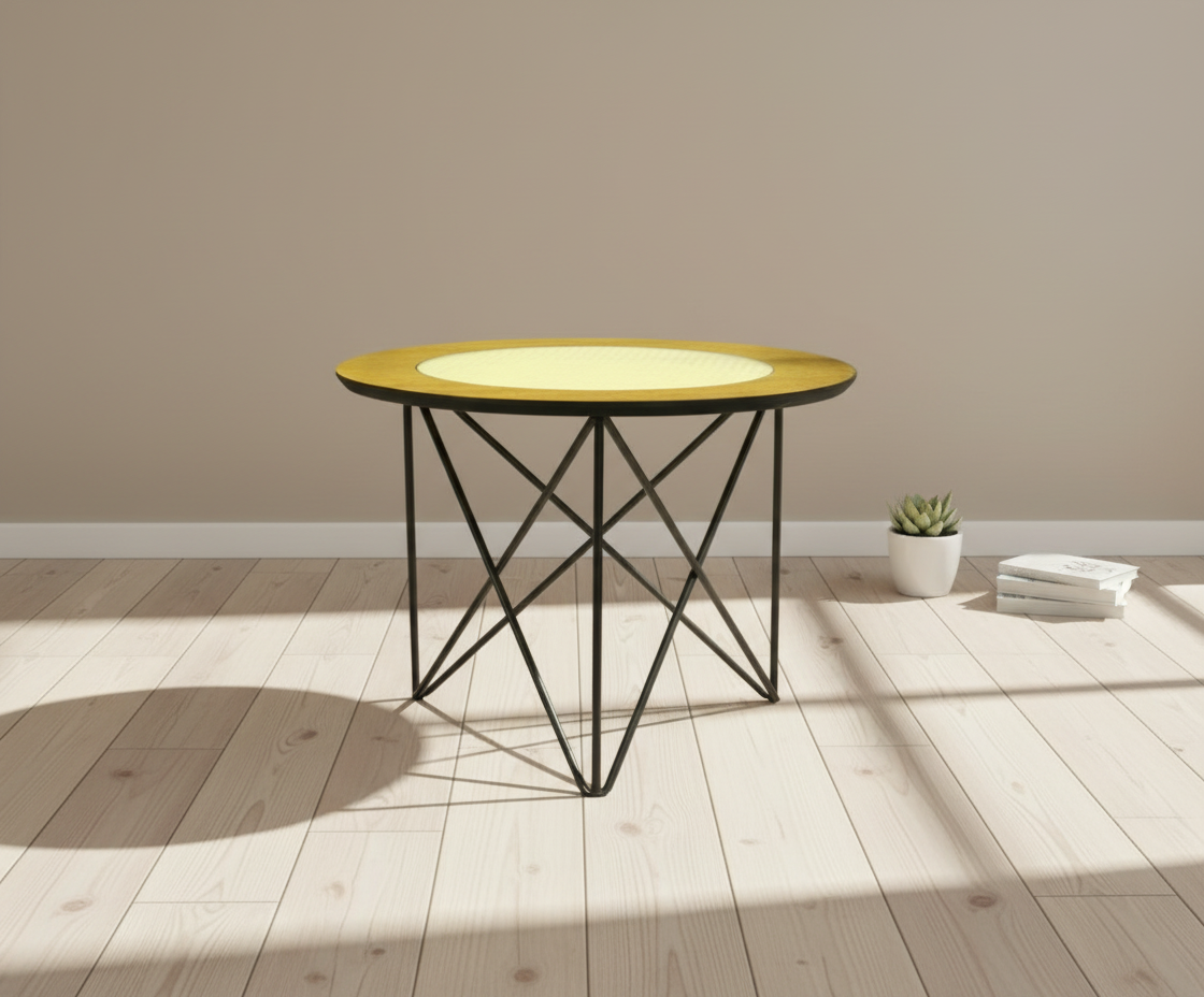 Rattan Orta oak nesting trio in a warm-lit room with a potted plant