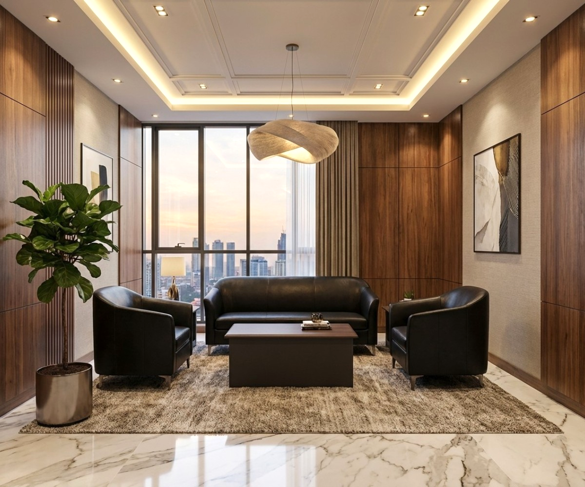 RC2560 black executive sofa set on a marble floor with a city view