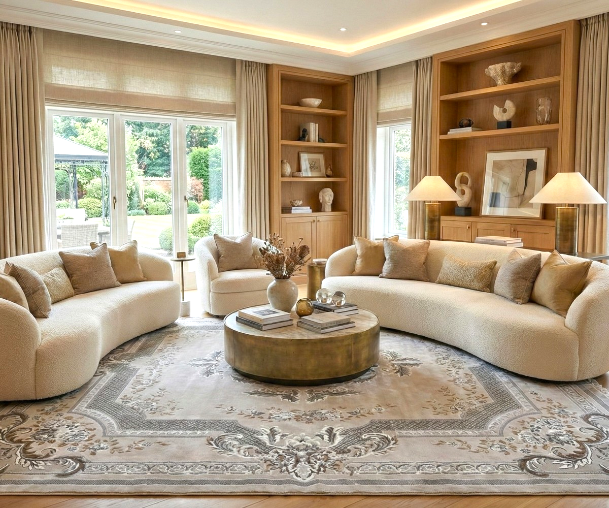 REGENCY silver floral rug, 200x300 cm, in a bay-window living room