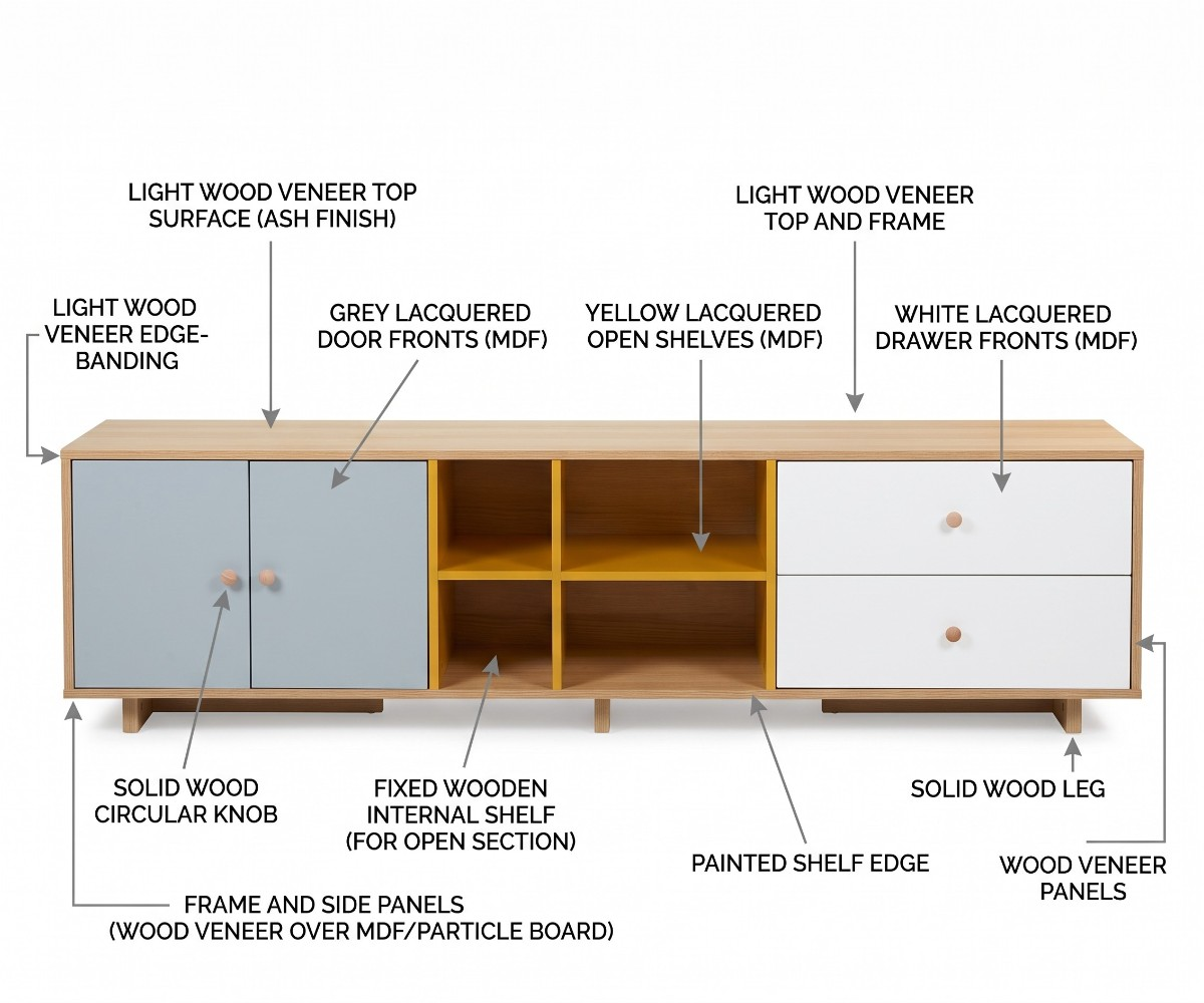 Tv table 904 with a light wood-grain finish, grey cabinet doors, white drawers, and mustard-yellow shelving.