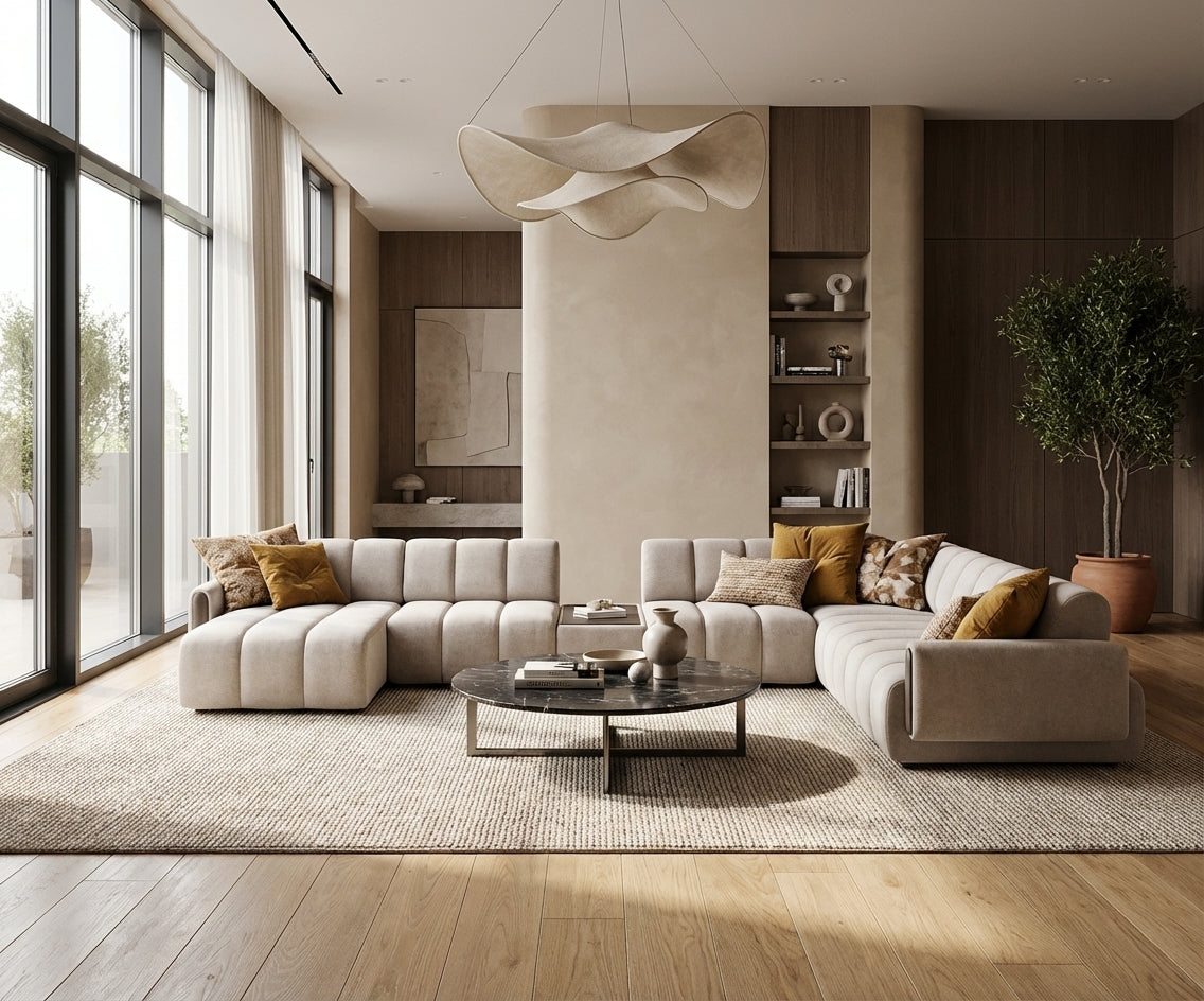 Rivian beige corner sofa in a bright living room with a garden view