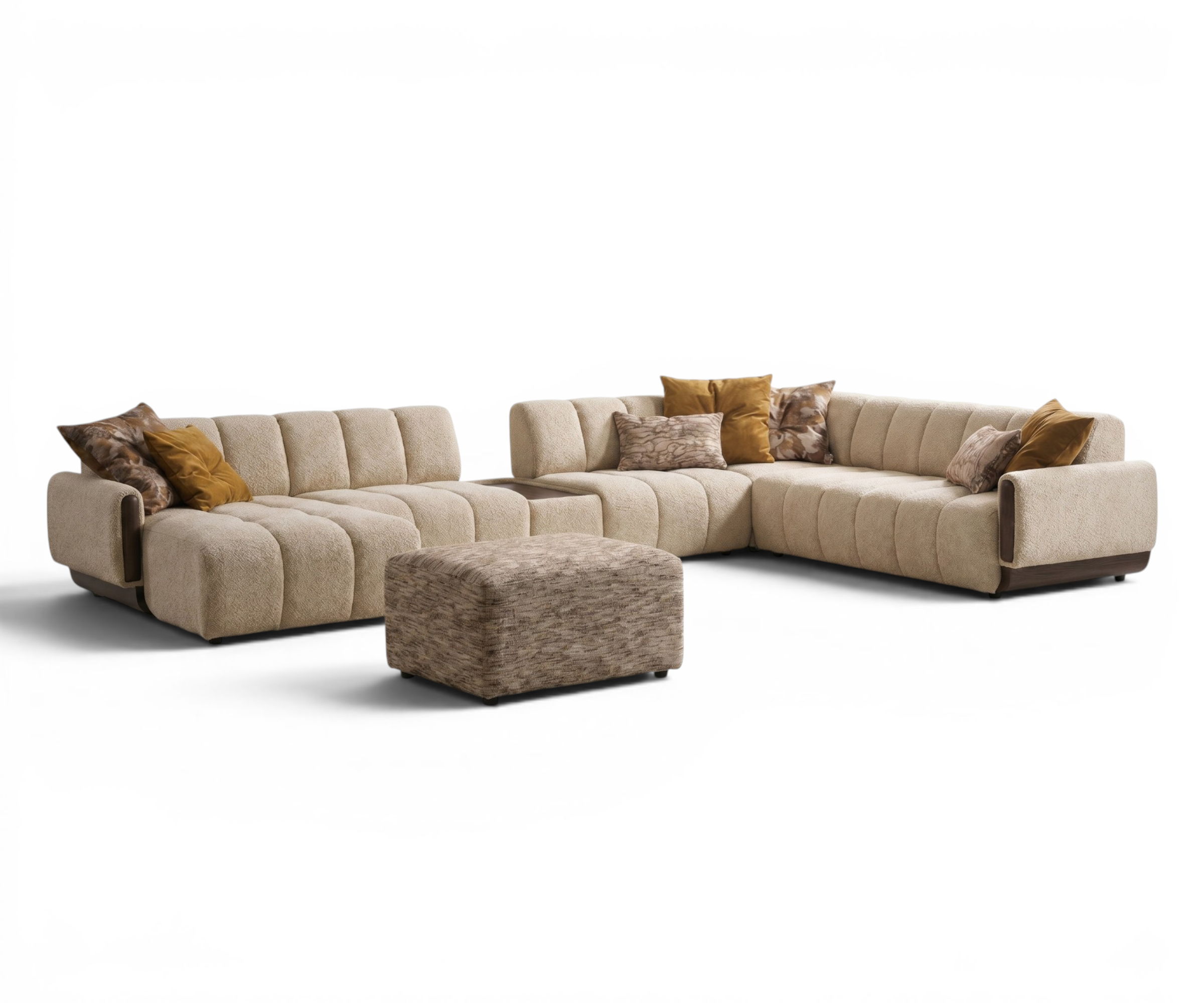 Rivian beige corner sofa in a bright living room with a garden view