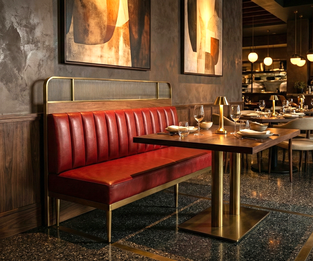 Ruby Brass channel booth in a warm restaurant with terrazzo flooring