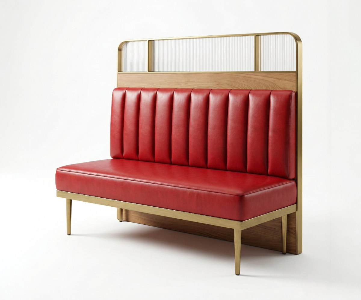 Ruby Brass channel booth in a warm restaurant with terrazzo flooring