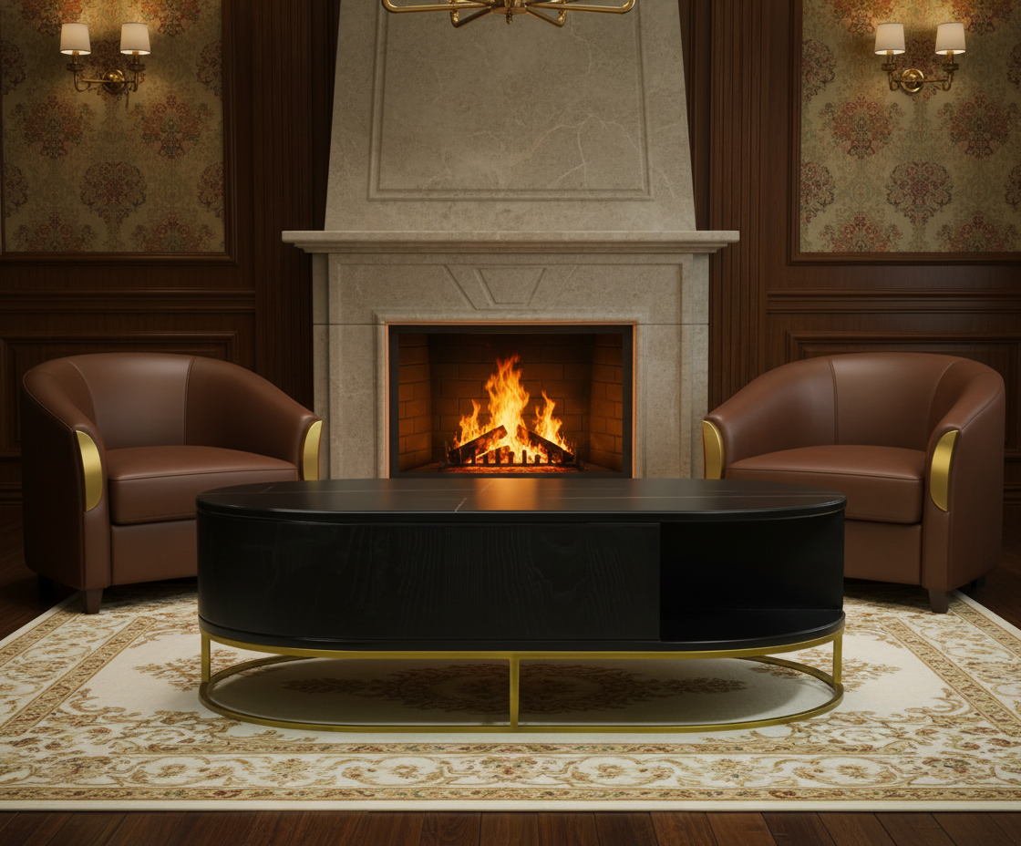 Ruby Orta oval marble table before a lit fireplace in a panelled room