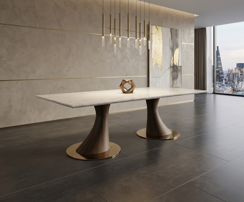 S2202/ONYX dining table in a city-view dining room with a linear chandelier